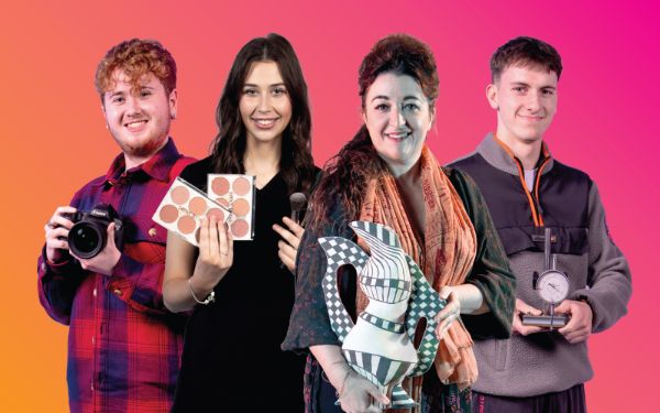 Four students on a colourful background